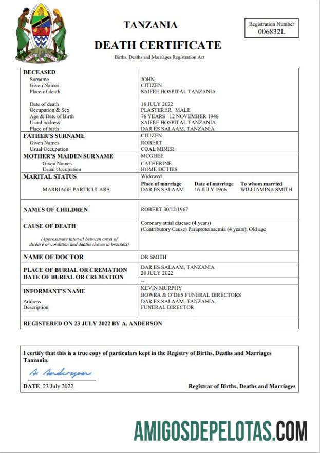 Imprimível modelo Word e PDF de certidão de óbito de registro vital da Tanzânia
